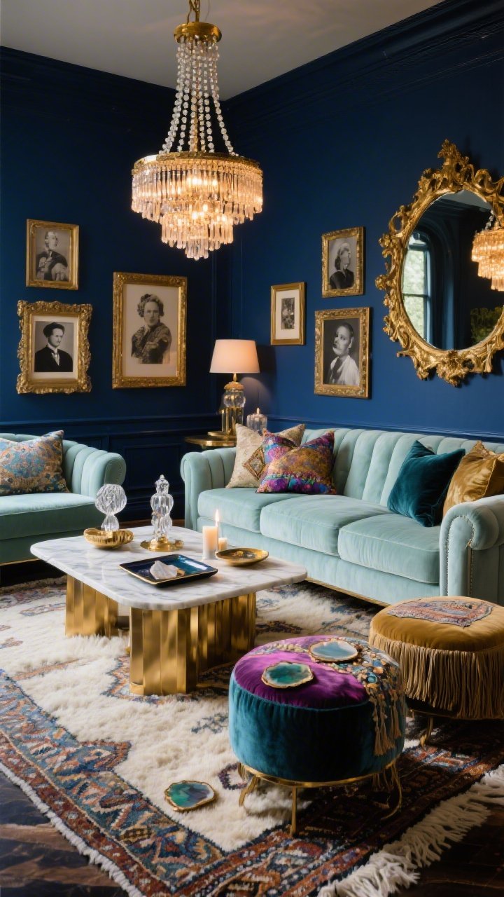 Wide, straight-on glam scene: Boho glam living room with midnight blue walls and a seafoam velvet sofa; fluffy Moroccan Beni Ourain rug under a brass-and-marble coffee table; beaded chandelier overhead, gilded mirrors reflecting warm light; jewel-toned ottomans for extra seating; pillows in velvet, silk, and fringe layered luxuriously; accents like agate coasters, lacquer trays, and crystal candleholders on the table; vintage portraits and glam photography in gold frames; evening ambient glow with defined highlights on brass, photorealistic.