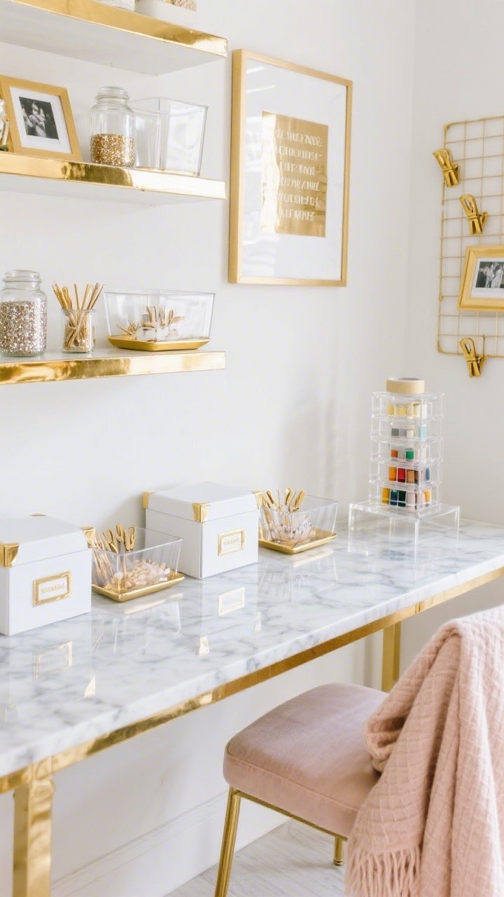 Wide, straight-on glamour shot: A glam gold-and-glass craft suite with clear acrylic-look bins and gold accents on glossy white shelving edged in gold peel-and-stick trim. Mini glass jars of glitter, clips, and pins arranged on mirrored trays; white photo boxes with gold label frames line lower shelves. A budget table topped with marble contact paper gleams. A clear tape tower for washi sits beside a lucite-style riser (stacked clear frames) displaying paints. Gold binder clips act as hooks on a wire grid, and a framed quote print in metallic foil hangs above. A soft blush throw draped over the chair. Bright, reflective lighting, photorealistic.