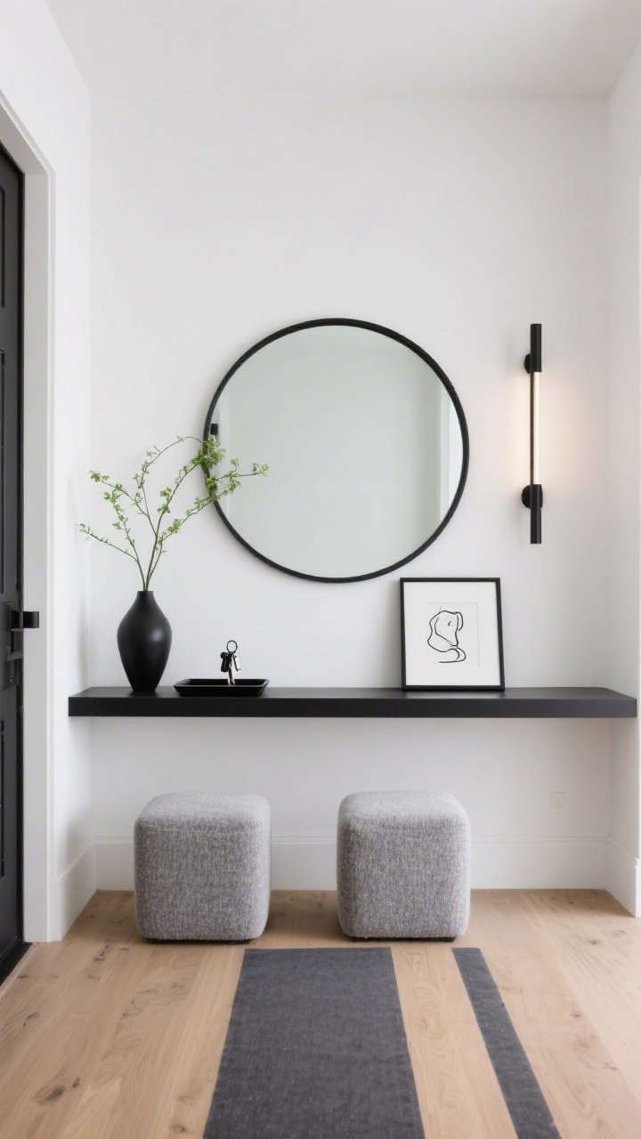 Wide, straight-on photorealistic shot of a modern minimalist entryway: crisp white walls, a long slim matte black console centered beneath an oversized round mirror with a thin black metal frame; light oak flooring with a thin charcoal runner; two cube ottomans in soft gray boucle tucked under the console; on the console a small black tray with keys, a sculptural matte black vase holding tall green branches, and a framed black-line drawing casually leaning; above, a black linear sconce casting a soft gallery glow; clean, high-contrast palette of white, matte black, soft gray, and natural greenery, no people.
