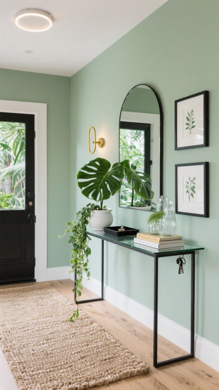 Wide, straight-on photorealistic shot of a modern botanical entryway: soft sage green walls, low-pile jute runner on light wood floors, slim matte-black metal console with a glass top, large arched mirror above reflecting greenery. Style with a fiddle-leaf fig in a white ceramic pot beside the console, a trailing pothos draping off the console edge, and a tiny fern atop a small stack of books. Add clear glass vases, a simple black tray for keys, and two framed botanical sketches in thin black frames. Warm linear brass sconce lighting or halo-style flush mount casting a soft glow. Palette tight: greens, whites, black, and natural fibers; airy, crisp, greenhouse-like mood.