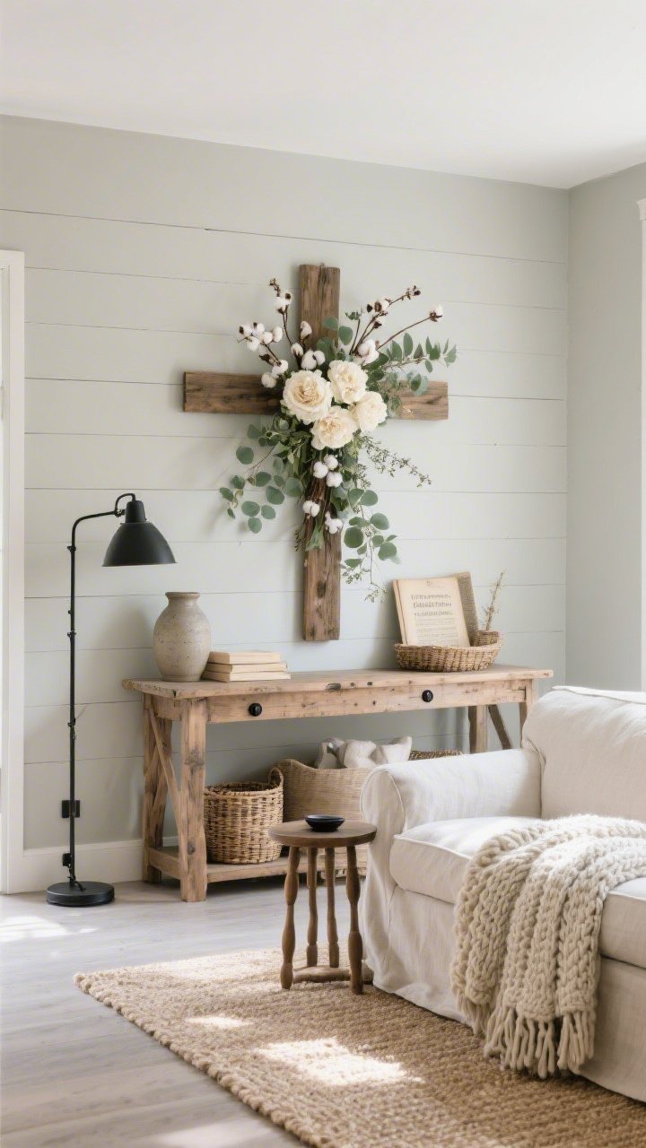 Wide, straight-on photorealistic shot of a modern farmhouse living room in soft greige with a shiplap accent panel. Centered above a reclaimed oak console table hangs a rustic wooden cross wrapped in creamy peonies, seeded eucalyptus, cotton stems, and a halo of Italian ruscus slightly spilling past the arms. Palette is warm whites, almond, and sage. Include a slipcovered linen sofa, spindle-leg side tables, a black metal floor lamp, stoneware vases, vintage hymnals, and woven baskets. Textures: chunky knit throw, jute rug, matte black hardware. Sunlit natural lighting, calm and rooted mood.