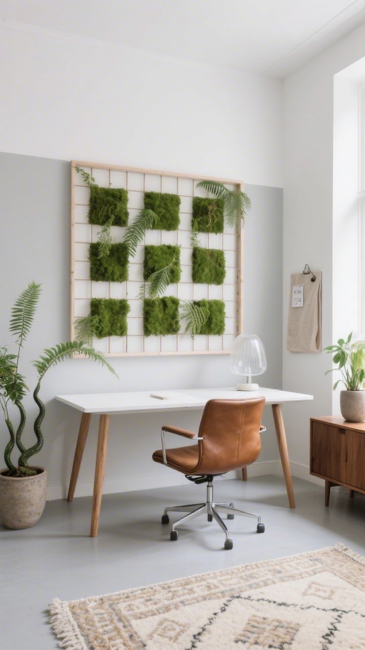 Wide, straight-on photorealistic shot of a Scandinavian office bathed in soft natural light: a matte-white desk with tapered oak legs centered against a chalk white and fog gray wall, a thin birch-framed living moss grid forming a precise square pattern behind the desk, subtle texture in each preserved moss square; a cognac leather task chair, low walnut credenza, cream-and-sand kilim rug, stoneware planters with upright snake plants adding height; accessories include a linen pinboard and a frosted glass lamp; palette of chalk white, fog gray, honey oak, moss green; serene, airy mood with clean lines and minimal styling; add a few trailing faux ferns interwoven into the moss grid for depth.
