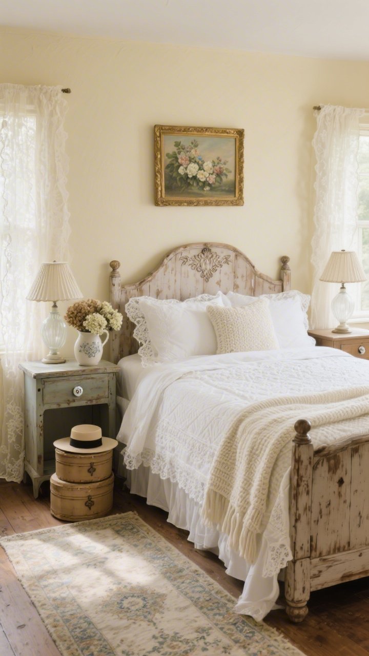 Wide, straight-on photorealistic shot of “The Heirloom Hideaway” bedroom: buttery cream walls, a distressed pine bed with a gently timeworn carved headboard, bed layered with lace-edged sheets, a white matelassé coverlet, and an ivory knit throw. Two mismatched antique nightstands with porcelain knob pulls flank the bed, each topped with a milk-glass lamp with pleated shade. Sheer lace window panels softly puddle on the floor, filtered daylight. On the floor, a faded Persian-style runner. Accents include stacked hatboxes, a small floral oil painting in a gilded frame over the bed, and a ceramic pitcher of dried hydrangeas on a nightstand. Warm, soft, inherited feel; no people.