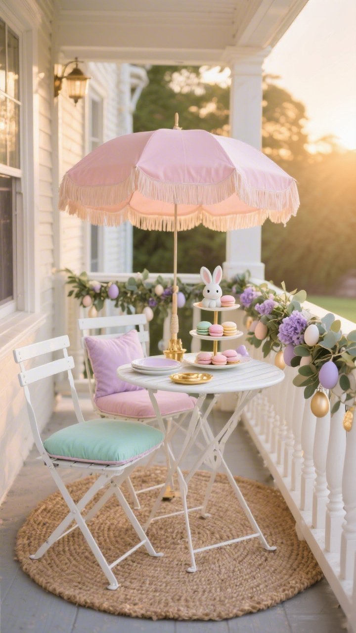 Wide, straight-on porch scene at golden hour: a white bistro set with mint and blush seat cushions sits on a natural jute rug; a faux eucalyptus garland with pale lavender blooms and satin-finish egg-shaped ornaments drapes along the railing; a petite tiered dessert stand holds ceramic bunnies and pastel play macarons; a vintage-style blush umbrella trimmed in fringe shades the vignette; shatterproof plates on the table; soft gold accents; color palette of white, blush, mint, lavender, soft gold; photorealistic, elegant and kid-friendly.
