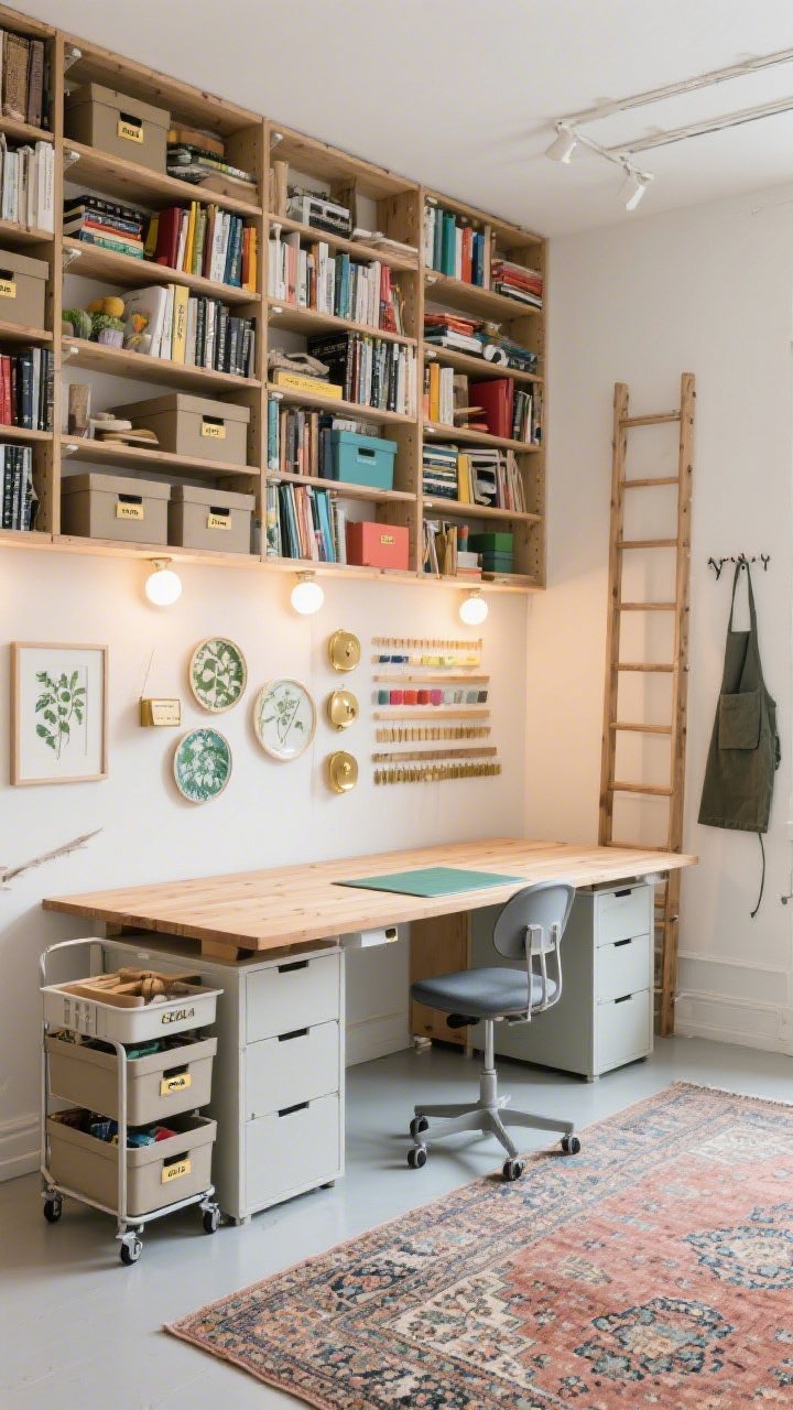Wide straight-on room shot, Wall-to-Wall Craft Library: a floor-to-ceiling wall of stacked BILLY bookcases with height extenders; lower sections fitted with OXBERG doors for hidden storage, uppers neatly organized with materials; a central BEKANT sit/stand desk in birch acting as a broad cutting/assembly zone; a rolling RÅSKOG project cart nearby; soft Persian-style rug on the floor; FJÄLLA boxes labeled on shelves and VARIERA bins used as pull-out drawers; OMLOPP puck lights under shelves highlighting colorful materials like a museum display; decor includes framed botanical plates and brass label holders, plus a ladder-style wall hook for aprons; bright yet cozy lighting, photorealistic.
