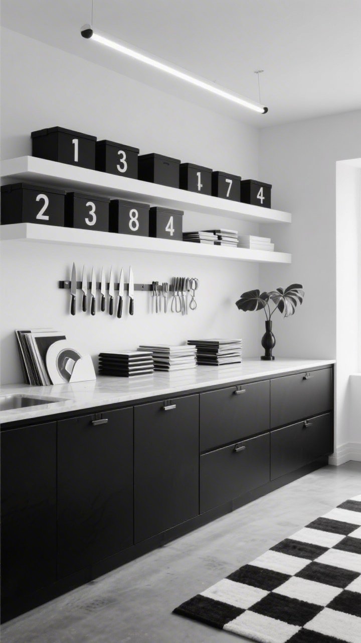Wide straight-on shot, Minimalist Monochrome Lab: high-contrast black-and-white studio with flat-panel matte black lower cabinets featuring push-to-open hardware and a seamless white quartz countertop; above, floating white shelves and closed black storage boxes with bold numeric labels; a long magnetic knife strip neatly displaying metal tools; sleek stacked trays sorting paper and vinyl by size; a checkerboard rug or polished concrete floor, minimal linear LED bar light overhead, and a single sculptural plant; palette black, white, graphite; photorealistic, crisp and orderly.
