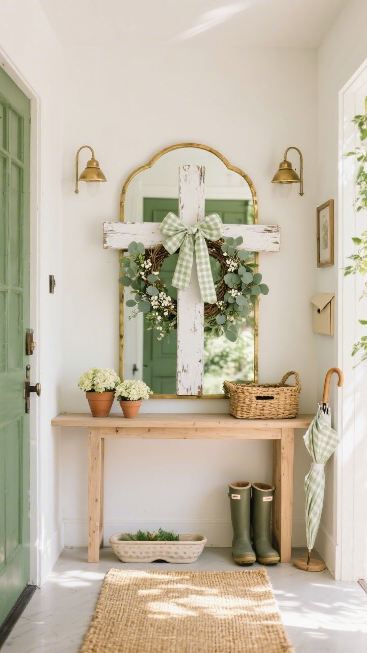 Wide, straight-on shot of a garden-chapel style entryway: light oak slim console beneath a simple gilt mirror with an oversized distressed white wooden cross wreath layered over it, wrapped in fresh eucalyptus and baby’s breath; palette of moss green, linen white, and soft gold; sisal runner underfoot, ceramic boot tray to the side, wicker umbrella stand; brass picture lights above, clay pots with miniature hydrangeas on the console, woven baskets for mail; pale gingham ribbon tied at the cross’s center; soft morning sunlight bouncing in, photorealistic, no people