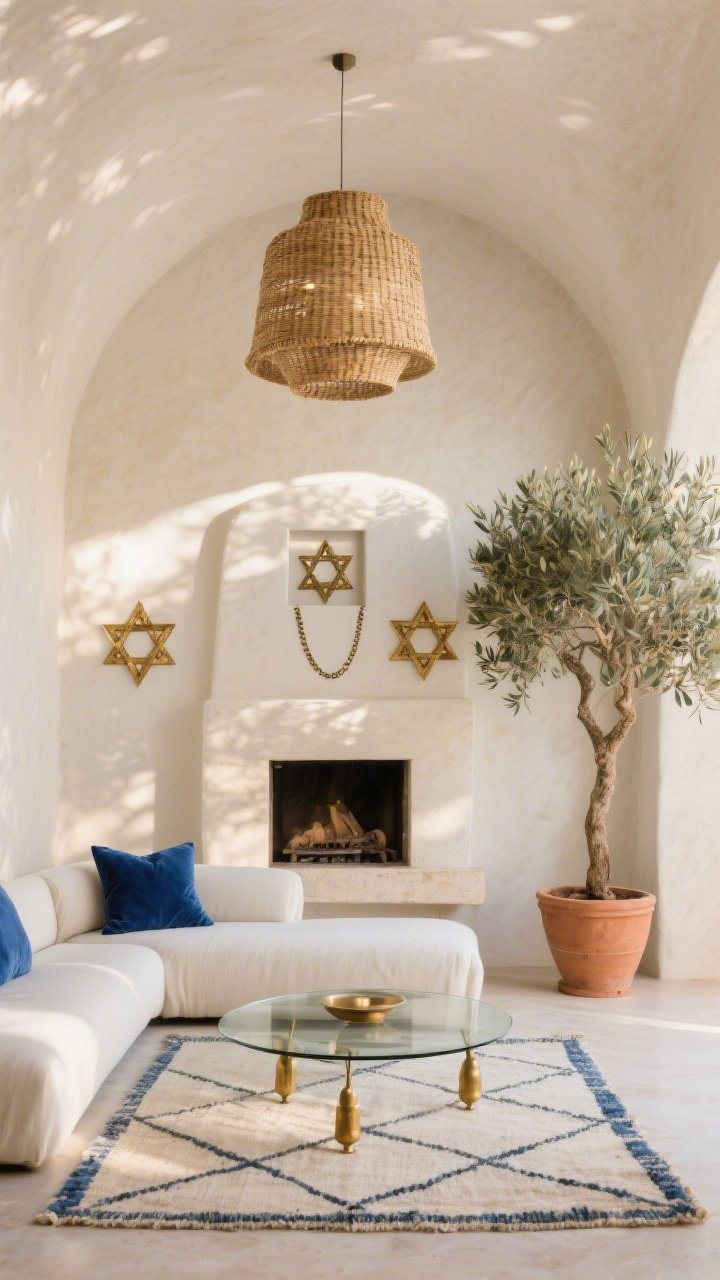 Wide, straight-on shot of a Modern Mediterranean living room: sun-bleached plaster walls with soft stucco curves, calm palette of sand, ivory, and Mediterranean blue; an ivory linen low-profile sectional with cobalt velvet pillows; a hand-knotted rug with geometric borders; a slim glass coffee table with brass feet centered before a simple plaster fireplace. Flanking the fireplace are two brushed-gold Star of David wall plaques providing symmetrical sparkle. An oversized olive tree in a terracotta pot anchors the corner. Overhead, a woven rattan pendant casts warm, dappled shadows. Include a subtle shadow-boxed Magen David chain on the mantle. Textures emphasized: plaster, linen, aged brass, terracotta. Photorealistic, late-afternoon natural light.