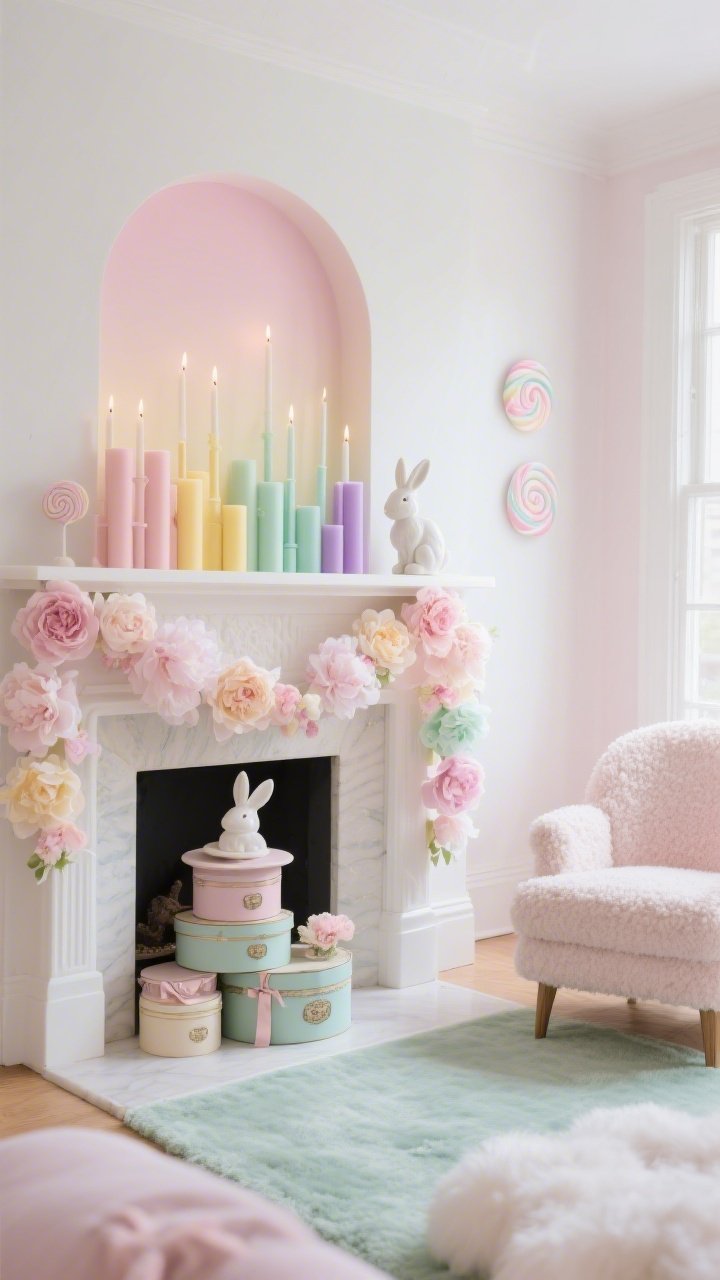 Wide, straight-on shot of a pastel parlour living room centered on a white fireplace mantel styled like a candy shop: a pastel gradient of blush, butter yellow, mint, and lilac taper candles in staggered heights, a garland of oversized tissue-paper peonies draped low; on the hearth, stacked vintage hat boxes in coordinating tones with a glossy porcelain bunny perched on top; a pale mint rug underfoot and a cloud-soft bouclé accent chair to the side; walls painted soft white with barely-there pink undertone; textures of bouclé, satin ribbon, and glossy ceramic visible; soft, glowy natural light that makes the pastels bloom; photorealistic, no people.