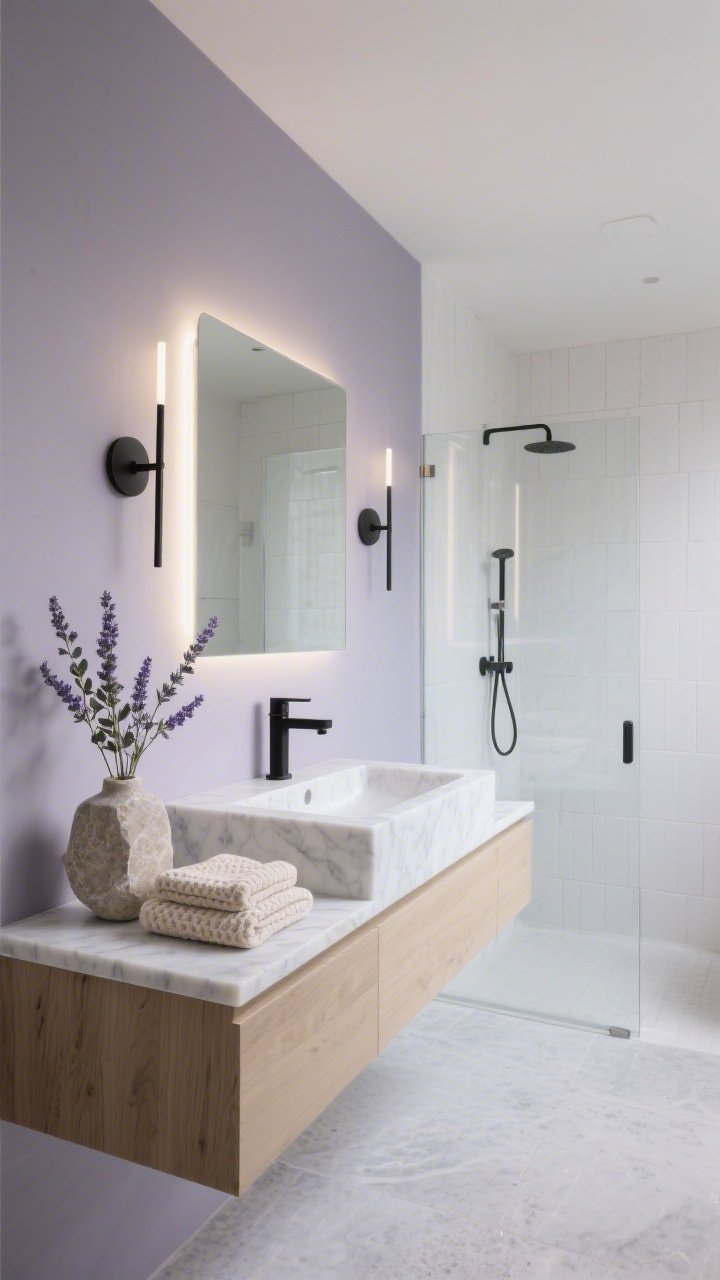Wide, straight-on shot of a serene spa bathroom with foggy lavender walls with a gray undertone, matte black faucet and slim black sconces flanking a soft-glow LED backlit mirror, floating white oak vanity with honed Carrara marble countertop, frameless glass shower featuring white zellige tile, and light gray limestone floor; cream waffle towels neatly folded, a stone vase with lavender eucalyptus on the vanity; bright, diffused daylight for a calm, boutique-spa ambiance, photorealistic.