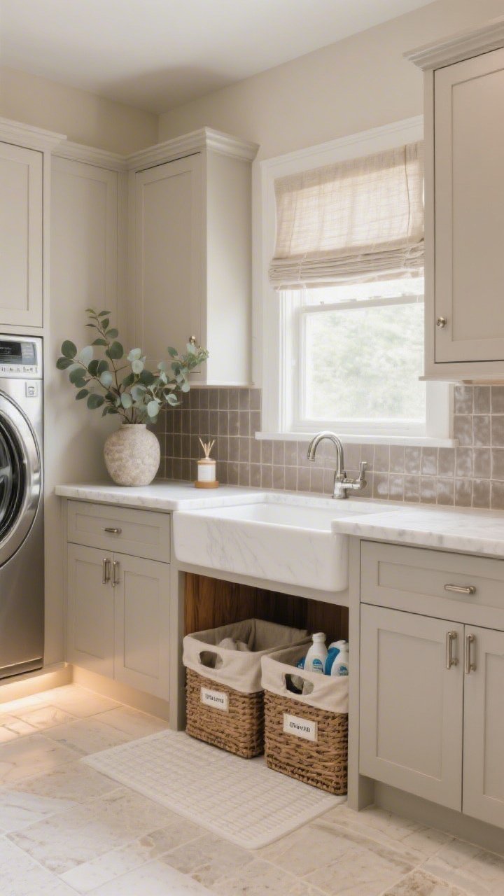Wide, straight-on shot of a serene spa-inspired laundry room: warm greige slim-shaker cabinetry with brushed nickel hardware, creamy white matte quartz countertop, mushroom beige walls, oversized pale-limestone-look porcelain floor tiles. Behind a deep apron-front sink, a foggy taupe zellige tile backsplash shimmers subtly; brushed nickel bridge faucet. Cedar-lined pull-out hamper ajar, woven baskets labeled for detergents, linen Roman shades filtering soft daylight. Eucalyptus stems in a stone vase beside a discreet aroma diffuser. Add subtle under-cabinet glow and implied heated floor comfort. Palette: greige, cream, brushed nickel; textures: linen, glossy zellige, stone-like porcelain. Photorealistic, calm spa mood.