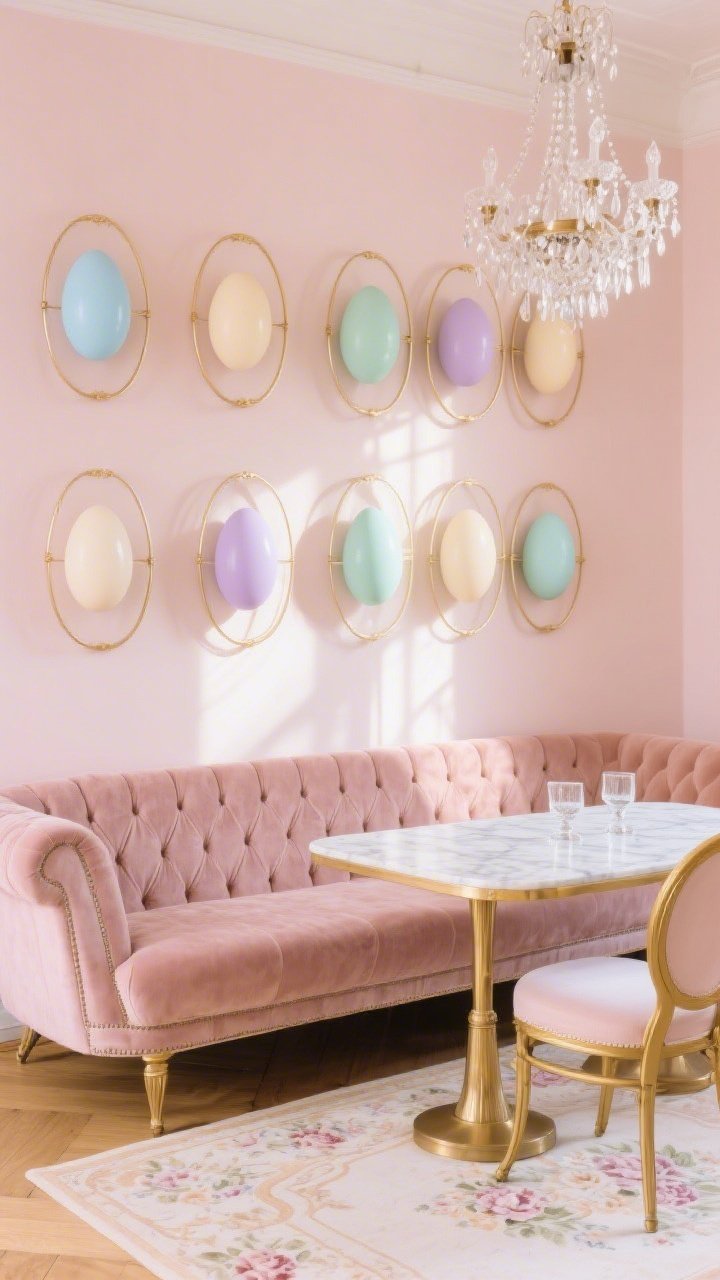 Wide, straight-on shot of a soft blush wall bathed in gentle morning light, featuring a chic salon-style grid of pastel eggs—powder blue, buttercream, lilac, and mint—each set inside thin brass frames; a tufted dusty-rose velvet settee anchors the scene below, with a marble-topped bistro table and gold-legged accent chairs nearby; a delicate crystal chandelier overhead casts sparkling highlights on the eggs like patisserie macarons; include a vintage soft-floral rug echoing the egg colors; photorealistic, romantic Parisian parlor mood with velvet, marble, glass, and polished brass textures.