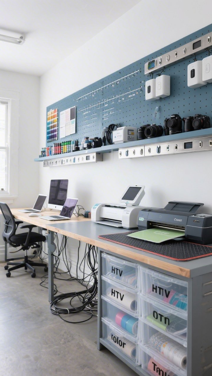 Wide straight-on shot, photorealistic: A tech crafters’ command center featuring a long two-person desk with cable grommets and neatly managed cords, laptops and tablets in place. Above, a tidy charging shelf with built-in USB-C ports corrals batteries, labelers, and camera gear. Opposite wall shows a device bar with a Cricut-style cutting machine, heat press, and printer on a sturdy counter topped with heat-resistant mats; below, clear drawers labeled by vinyl type, HTV color, and transfer tape. A pinboard gallery above tracks timelines and test swatches. Cool, balanced lighting; color palette: cool white, slate blue, brushed nickel.