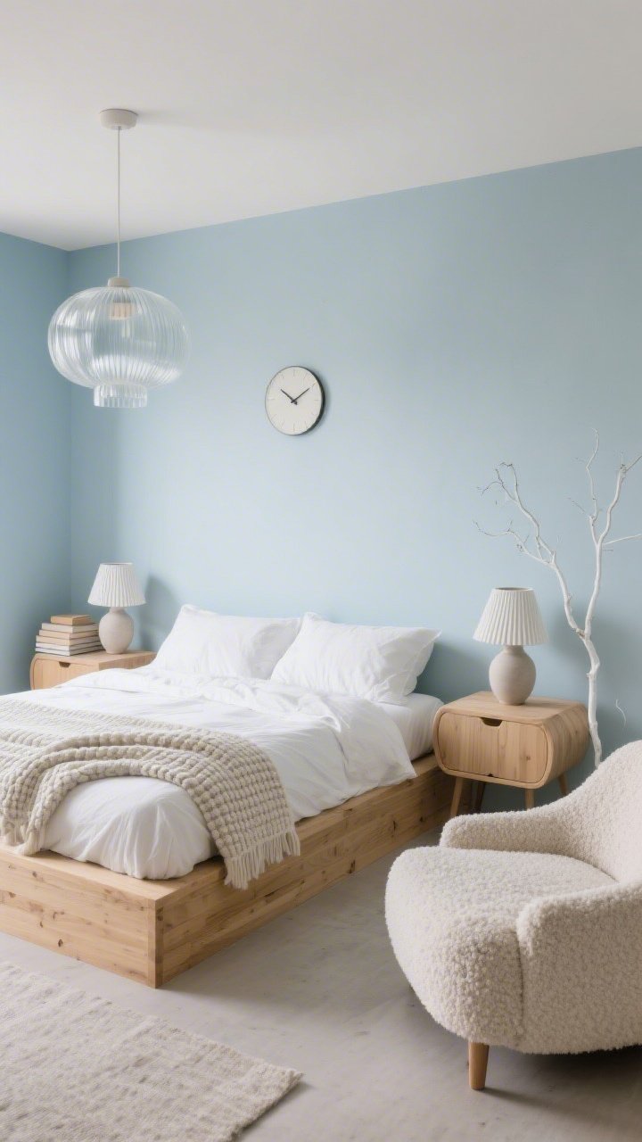 Wide straight-on shot: Scandinavian-inspired bedroom with pale, powdery blue walls like dawn sky; blonde oak platform bed and matching nightstands with rounded edges; chalky white bedding layered with a waffle-knit throw, cotton-linen duvet, and a boucle accent chair nearby; textured matte ceramic lamps on nightstands; a ribbed glass pendant above diffusing light; accents include a minimalist clock, stacked neutral books, and a single white branch in a vase; finishes in blonde wood, frosted glass, and matte ceramics; calm, ordered, no visual noise, photorealistic.