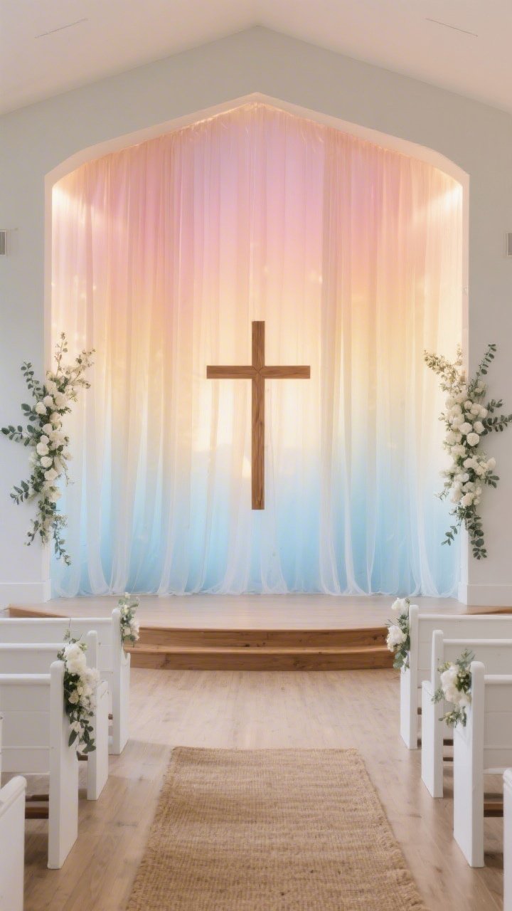 Wide, straight-on view of a church stage set as a “Pastel Sunrise Sanctuary”: a sweeping wall of ombre pastels from soft blush to peach to pale gold to sky blue created with floor-to-ceiling sheer fabric panels layered over matte muslin, gentle uplights washing color upward. Centered is a simple natural-wood cross silhouetted against the gradient. Minimalist white floral garlands with eucalyptus run along the edges. Flooring is neutral—light oak platform or jute rug—to ground the softness. White chairs/light-toned pews visible in foreground, airy and clean. Mood: fresh, hopeful, dawn-like, photorealistic.