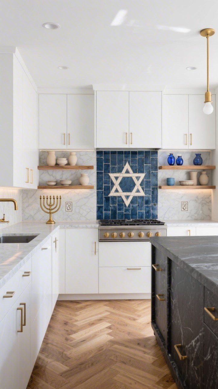Wide, straight-on view of a Contemporary Kosher kitchen: matte white cabinetry with integrated pulls; two-tone counters—light quartz for dairy and charcoal soapstone for meat—clearly zoned. The showstopper is a Star of David mosaic backsplash in soft grays and midnight blue behind the range. Floating white oak shelves display neutral ceramics and blue-glass accents; a sleek, freestanding menorah sits sculpturally on a shelf. Brushed brass faucets and hardware add warmth; herringbone oak flooring adds movement. Subtle etched zone icons visible near work areas. Brass task lighting illuminates the backsplash. Clean, bright daylight. Photorealistic.