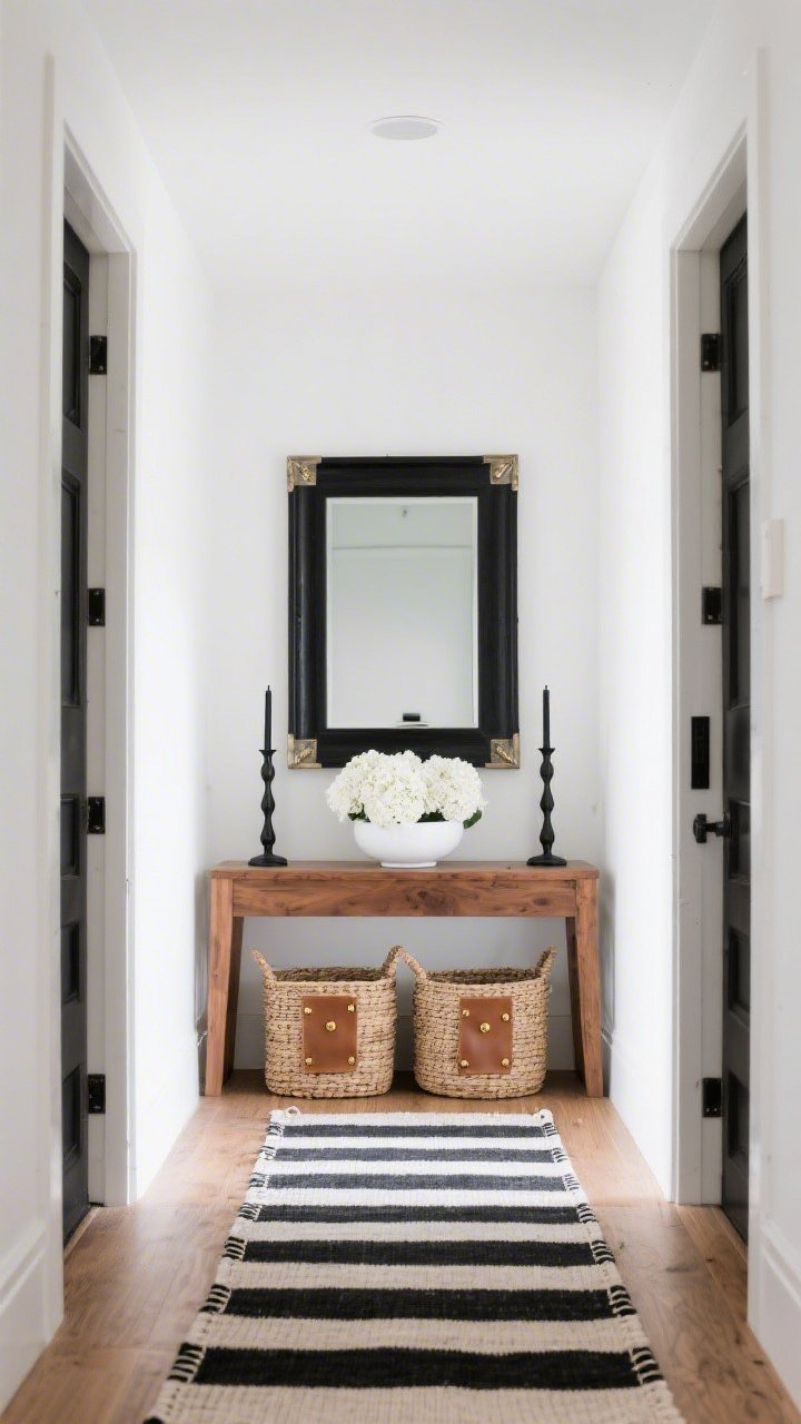 Wide, straight-on view of a high-contrast entryway with crisp white walls and warm wood tones: a black-framed mirror with satin finish and small metallic corner brackets centered above a slim warm-wood console. On the console, two matte black candlesticks flank a low glossy white bowl of white faux hydrangeas. Beneath, two woven natural storage baskets with leather-look labels and brass brads. A long black-and-white striped runner, made from two stitched rugs, elongates the narrow hall. Lighting is bright and clean, no people, photorealistic detail of matte metal, woven fiber, and glossy ceramic.
