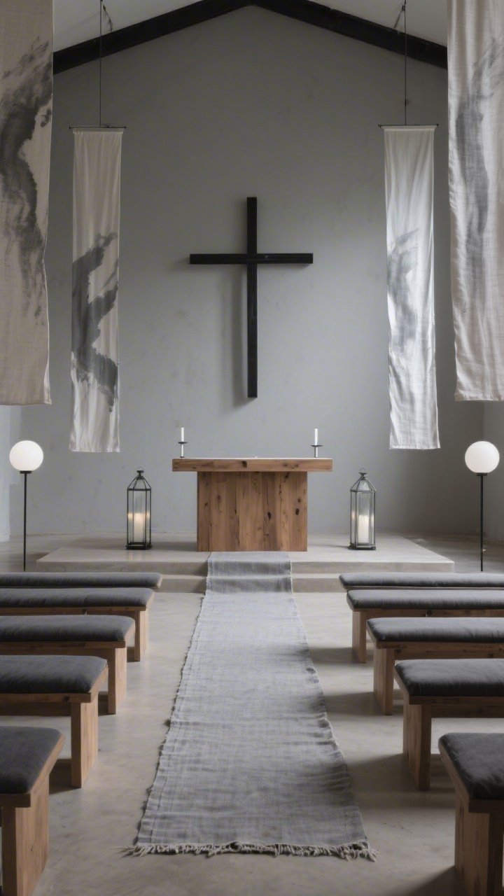 Wide, straight-on view of a serene sanctuary in layered charcoal, ash gray, and soft oat linen tones; a bare wooden altar centered with a stone-gray linen runner with raw edges; a single tall black iron cross behind it; pews mostly bare with thin charcoal cushions only on the front two rows forming a subtle gradient; cooler white ambient bulbs; floor lanterns with frosted glass flanking the chancel; long narrow linen banners in smoke and silver hanging like brushstrokes; photorealistic, minimal, contemplative mood with crisp lines and no florals.