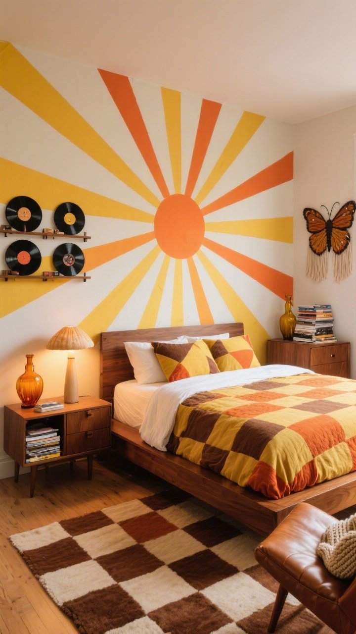 Wide straight-on view, Seventies Sunset Groove bedroom: sunburst mural behind bed with thin mustard and burnt orange rays fanning out; walnut platform bed with crisp white sheets and retro patterned duvet (mustard, burnt orange, cocoa); bold geometric rug in cocoa and cream; mushroom lamp on the nightstand casting warm glow; vinyl wall rack with visible records, amber glass vases on a low dresser, fiber art tapestry on adjacent wall; leather butterfly chair with knit throw and a stack of vintage magazines; photorealistic, warm retro ambiance.