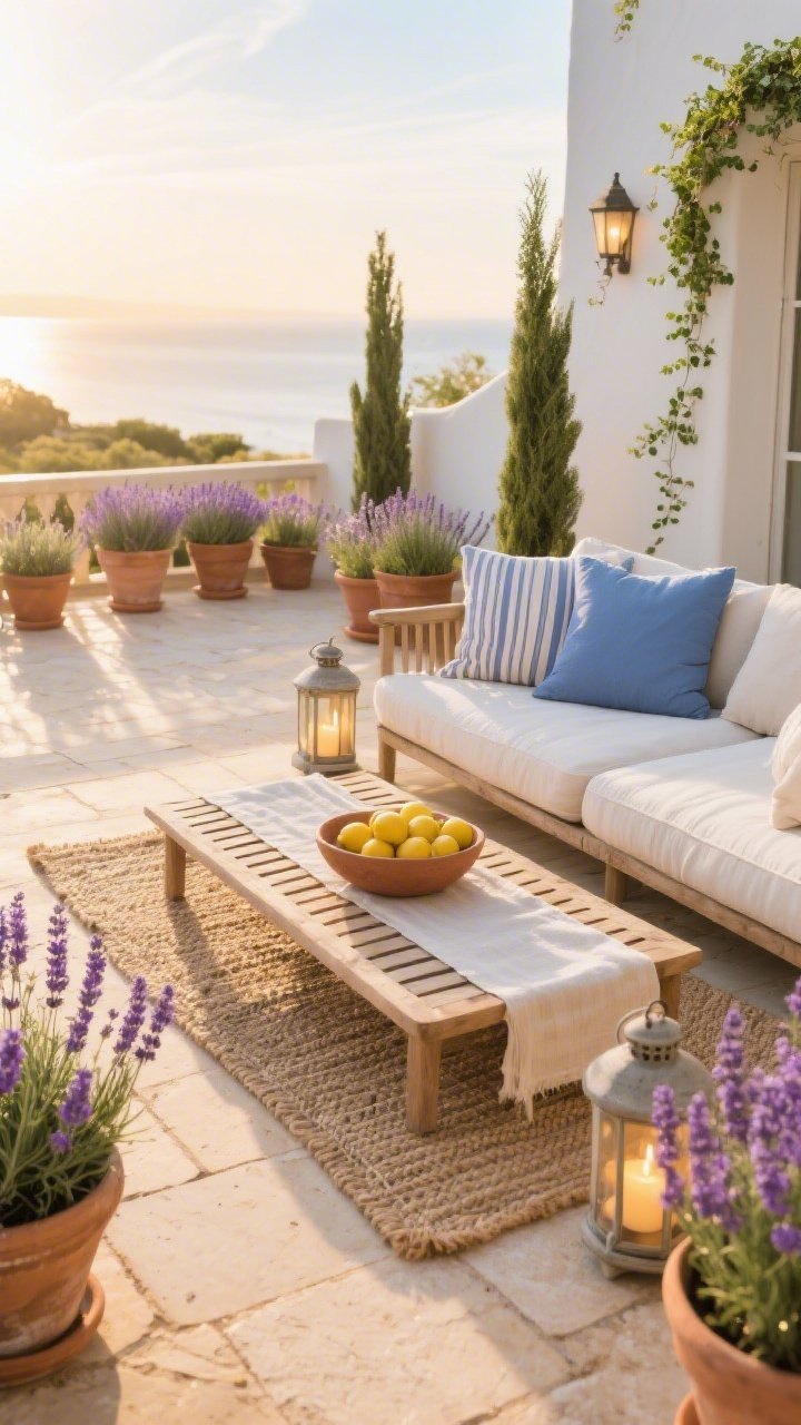 Wide, sun-drenched Mediterranean terrace at golden hour, lined with terra-cotta pots of English and French lavender in soft purple bloom brushing ankle height; sandy beige stone pavers, a whitewashed outdoor sofa with light flax cushions, slatted acacia coffee table with a linen runner and a shallow clay bowl of lemons; woven jute-style outdoor rug; ceramic lanterns with warm LED candles; add a couple tall rosemary plants for height and trailing Creeping Jenny at corners; striped sky-blue throw pillows; photorealistic, warm, breezy mood.