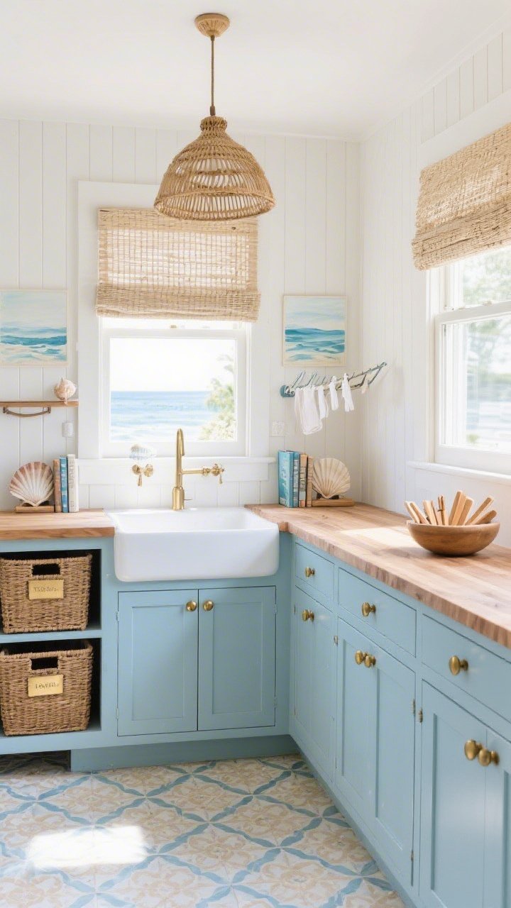 Wide, sunlit coastal laundry/sunroom scene: powder-blue shaker cabinets with brass cup pulls, warm butcher block counter, white beadboard walls. Floor is a painted-look porcelain tile with soft blue-and-cream Moroccan motif. Woven Roman shades diffuse seaside light; a rattan pendant hangs overhead. A wide farmhouse sink, wall-mounted fold-out drying rack, and wicker baskets with brass label tags. Styled with seashell bookends flanking a small watercolor seascape; a bowl of wooden clothespins on the counter. Palette: powder blue, white, sandy beige, brushed brass; textures: beadboard, rattan, butcher block. Breezy, relaxed, photorealistic.