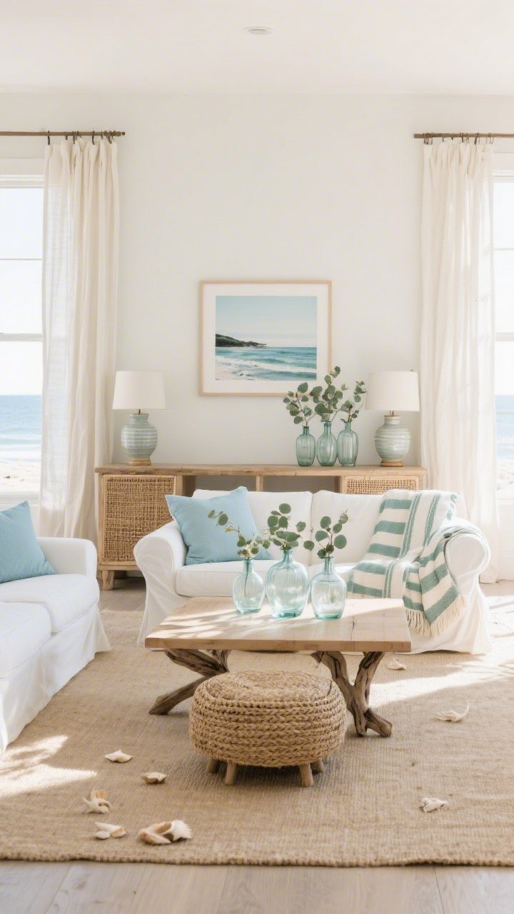 Wide, sunlit coastal living room shot: white slipcovered sofa and loveseat on a soft sand-toned rug, light oak coffee table centered, linen curtains filtering natural light, powder-blue pillows and a striped throw layered on seating, woven jute ottoman in front, driftwood-style console along the back wall, rattan side tables with ceramic table lamps, cluster of clear glass vases with eucalyptus on the coffee table, framed coastal photograph above the console; color palette sand, white, pale blue, sea glass green; clean lines, airy, beachy without seashells, midday natural light