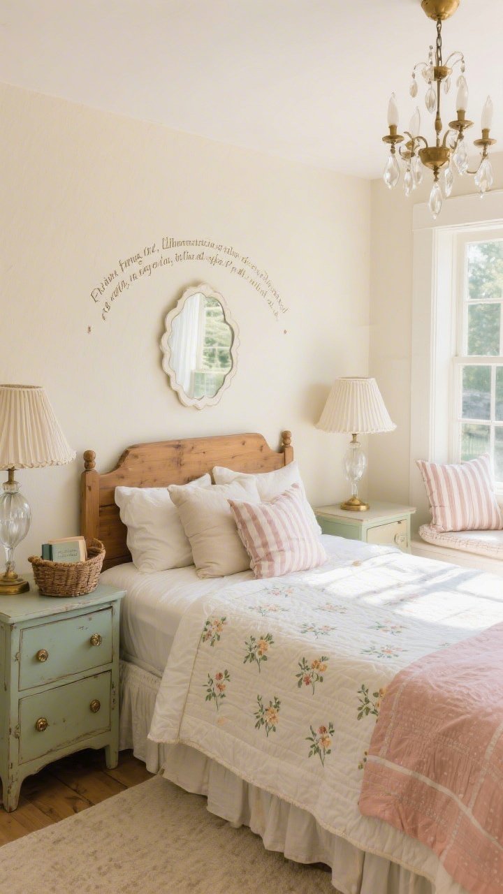 Wide, sunlit cozy cottage bedroom: walls in buttermilk, quilt with tiny florals, mismatched vintage nightstands with glass knobs. The wooden headboard features a hand-painted Scripture arched in creamy white, slightly imperfect for heirloom charm (satin finish). Layered pleated lampshades, a stack of linen pillows, scalloped-edge mirror over a petite dresser. Window seat with ticking-stripe cushions and a basket of devotionals. Petite chandelier with faceted drops scattering morning light. Palette of buttermilk, sage, rose, and antique brass. Warm, inviting, soft natural light.