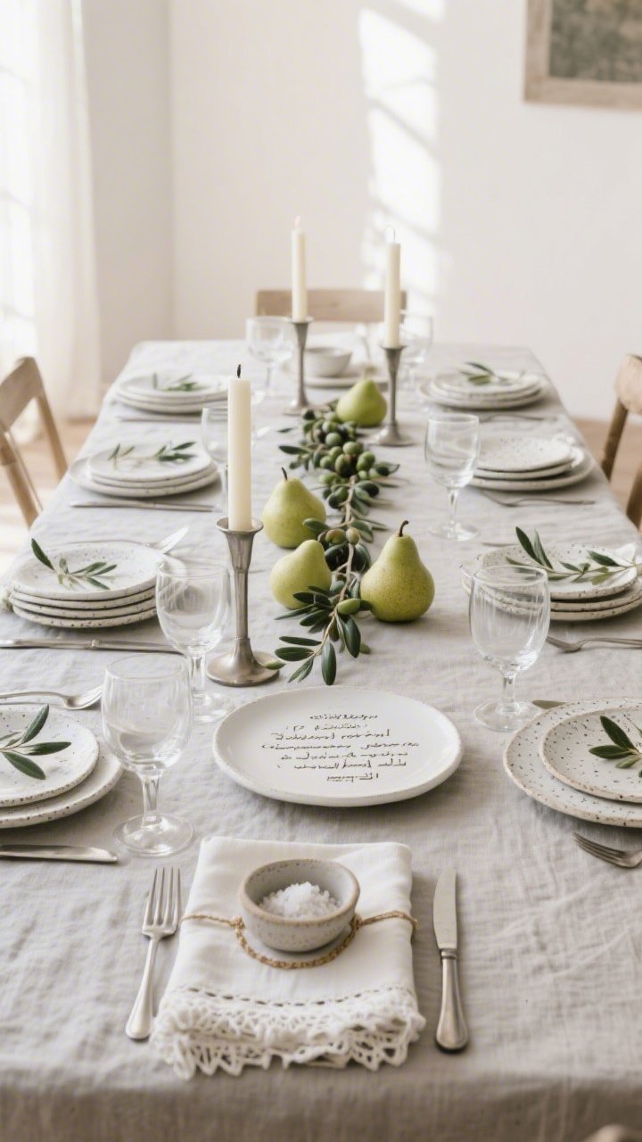 Wide, sunlit dining table styled in minimalist linen and olive branch serenity: stone-colored linen tablecloth, off-white hemstitch napkins with fresh olive branches tucked into simple rings, matte white dinner plates stacked with small speckled ceramic salad plates, clear stemless wine glasses, brushed stainless flatware, and a tiny sea-salt pinch bowl at each setting. Center of table features a low elongated line of olive clippings with a few pale green pears. Hand-thrown white ceramic Seder plate with delicate script labels. Tall ivory taper candles in brushed nickel holders. Clean, airy, refined mood; no people; photorealistic.