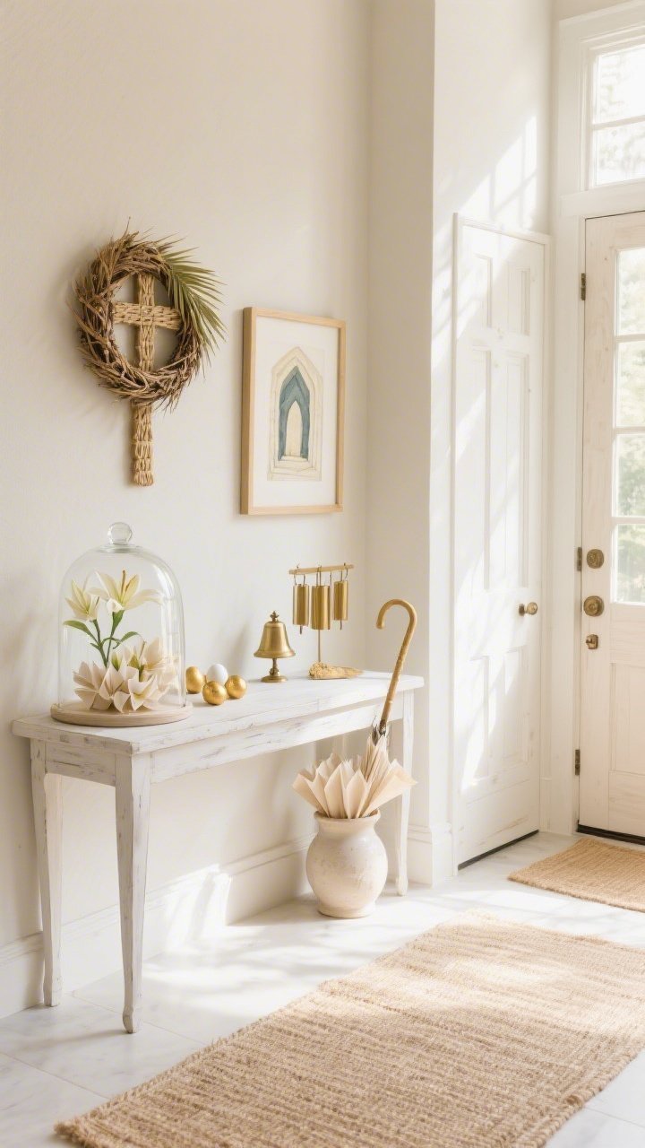 Wide, sunlit entryway scene in soft white and pale gold: a whitewashed console table against a linen-beige wall, woven palm cross wreath on a light wood door, pale jute runner underfoot, ceramic umbrella stand, glass cloche on the console filled with hand-rolled paper lilies and tiny gilded eggs, a small brass bell chime, and a framed watercolor of an empty tomb above the console. Natural morning light streaming in, serene and reverent, photorealistic textures of jute, ceramic, and paper.