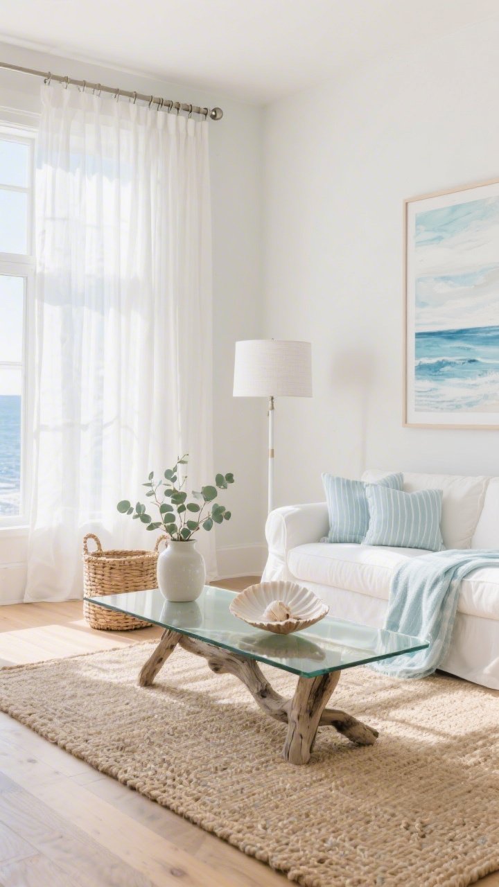 Wide, sunlit living room in a modern coastal style: floor-to-ceiling white linen curtains with sheer lining gently breaking at the pale oak floor, no blinds; palette of sand, cloud, and sea glass. Ivory slipcovered sofa with pale blue throw and striped cushions, woven jute rug, glass-top coffee table with driftwood base. Brushed nickel curtain rod with clean end caps. Decor includes a seashell bowl, rattan baskets, and eucalyptus stems in a ceramic pitcher. Slim white-framed abstract coastal art in blues and soft neutrals. White drum floor lamp with linen shade echoing the curtains. Bright daytime natural light pouring in, airy and breezy atmosphere, photorealistic.