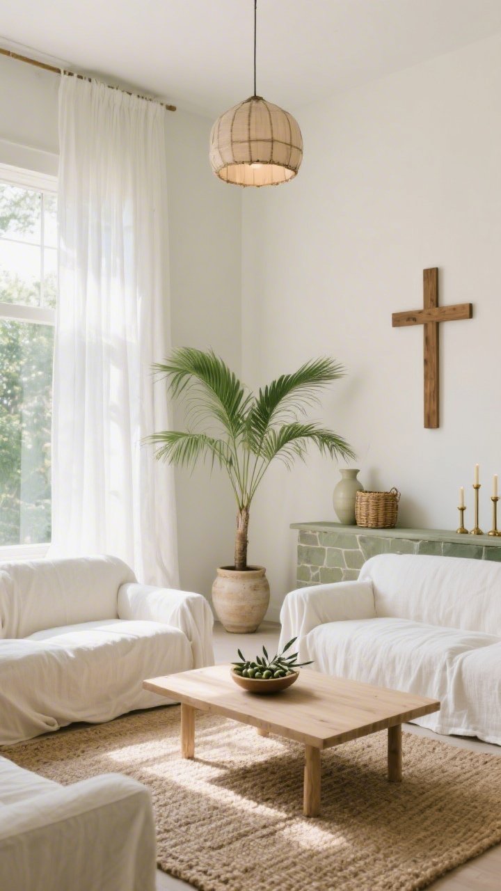Wide, sunlit living room inspired by a sanctuary: linen slipcovered sofas in creamy white facing a light oak coffee table on a textured jute rug; tall ceramic floor planters with sweeping palm fronds; sheer white curtains washing the room in soft daylight; a narrow console behind the sofa styled with brass taper candleholders and a bowl of olive branches; palette of creamy whites, sage green, muted stone; minimalist wooden cross artwork, woven baskets, pale ceramic vases; a linen drum pendant casting a gentle glow; no people, photorealistic, airy reverent mood, straight-on angle.