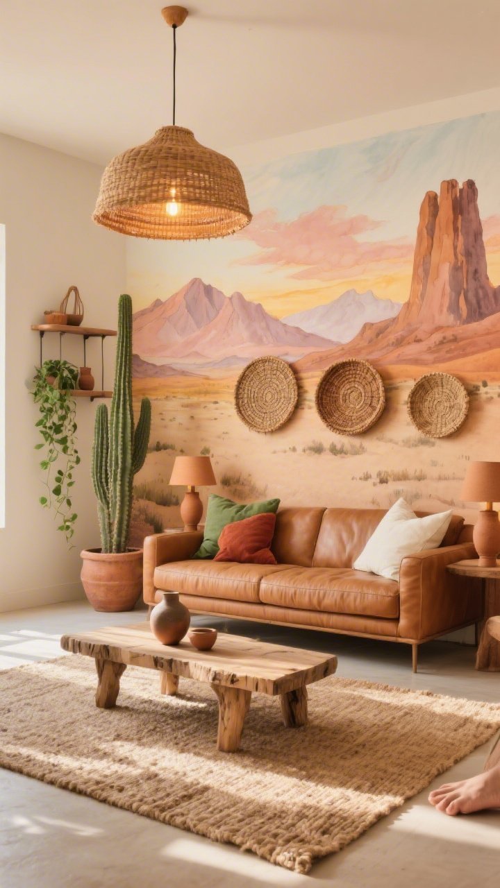 Wide, sunlit living room shot featuring a terracotta-and-sand watercolor mural wallpaper with soft mountains, blush skies, and a dusty horizon evoking Arizona at golden hour; low-slung camel leather sofa centered on a chunky jute rug; raw-edge wood coffee table styled with earthy ceramics; trio of woven baskets as wall art; accent pops of sage green, rust, and bone white in throw pillows and ceramics; tall cactus in a clay pot and trailing pothos on a shelf; rattan pendant overhead with warm bulbs and clay table lamps casting golden light; barefoot, laid-back, grounded vibe, photorealistic.