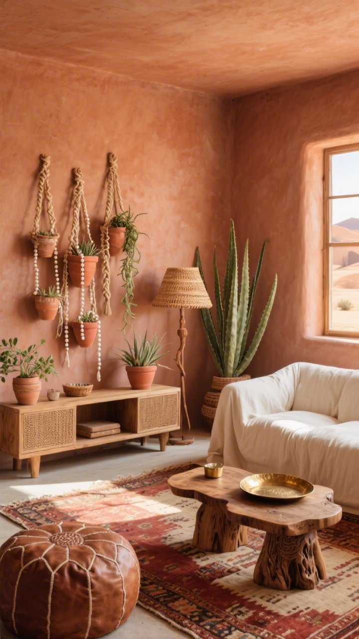 Wide, sunlit living room shot in a warm, desert boho style: clay-toned walls, slouchy cream linen slipcover sofa, carved mango wood side tables, and a low wood-and-cane media console. Cluster braided jute boho plant hangers with terra-cotta pots at staggered heights beside the console, filled with string of pearls, trailing rhipsalis, and a large aloe by the window. Layer a vintage kilim rug in rust and sand, add leather poufs and a chunky wood coffee table topped with a hammered brass tray. Light streams in like honey, with a floor lamp featuring a rattan shade casting a soft desert dusk glow. Palette: terracotta, camel, cream, sun-faded coral. Photorealistic, corner angle.