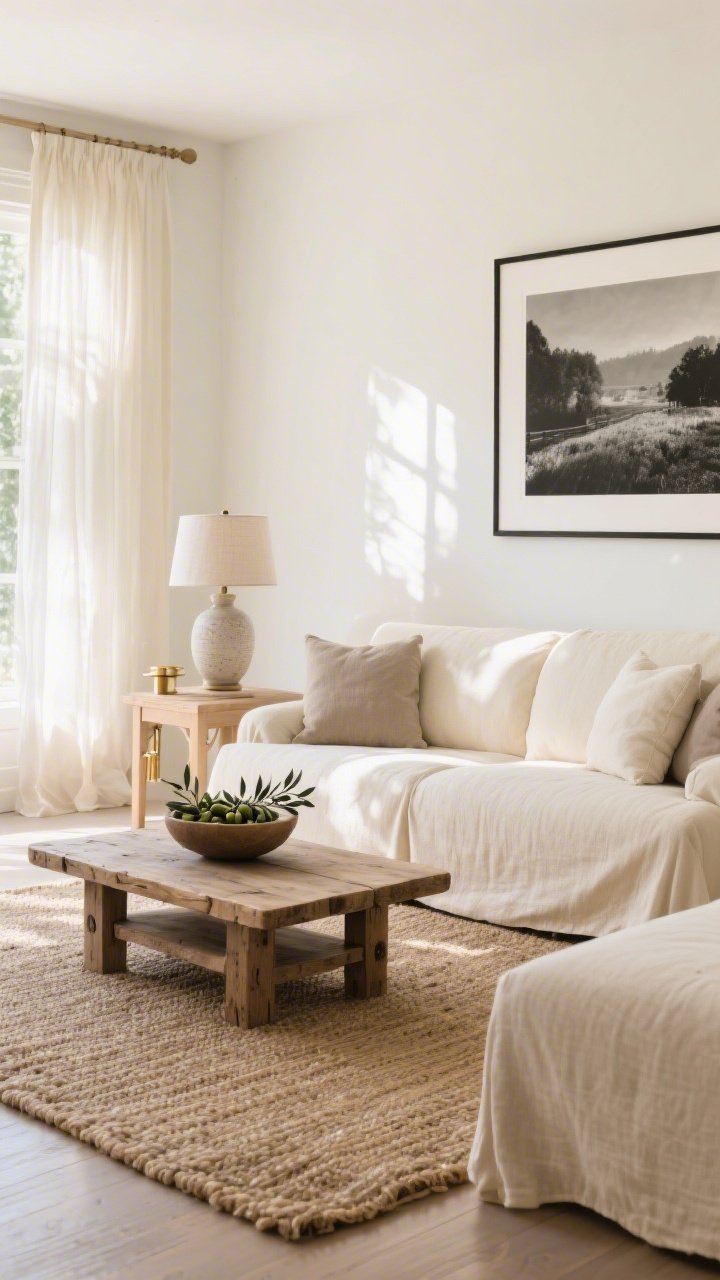 Wide, sunlit living room shot: soft ivory walls; a deep-seat linen slipcovered sofa in warm cream; gauzy curtain panels glowing with afternoon light; palette of cream, oat, and pale taupe; a chunky jute rug anchoring a low reclaimed-wood coffee table; bleached oak side tables; a ceramic table lamp with a linen shade; a bowl of fresh olive branches; brushed brass hardware accents; oversized black-and-white photography on the wall for crisp contrast; photorealistic, calm, airy mood.