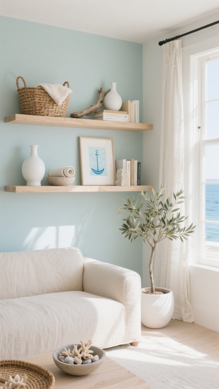 Wide, sunlit living room shot: white oak floating shelves mounted on a soft seafoam wall above a low sand-colored linen sofa; airy window sheers glowing with natural light; shelves styled with textured neutrals—matte white vases, driftwood-toned books, a ceramic bowl filled with coral pebbles, and a single framed pale-blue watercolor anchoring the top shelf; rattan basket with rolled throws, woven tray, and pale stone bookends; a slim olive tree in a white pot beside the sofa; palette of seafoam, sand, white oak, misty blue; breezy coastal calm, photorealistic.