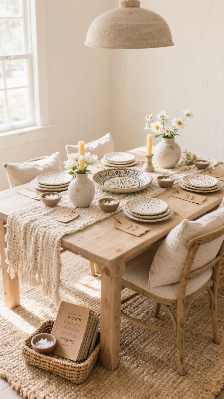 Wide, sunlit neutral dining room, Artisan Touches: natural jute rug under a light oak table, creamy walls, handwoven oatmeal runner; stacked speckled stoneware plates, hand-thrown pottery vases with simple white blooms (lisianthus, stock, daisies); beeswax tapers in simple ceramic holders; an artisan, slightly irregular ceramic Seder plate centered; upholstered end chairs with lumbar pillows in nubby linen; neutral Haggadot stacked in a woven tray at each place; small bowls of sea salt and hand-lettered kraft paper place tags; warm daylight streaming in for a cozy, unfussy feel; straight-on wide view, photorealistic.