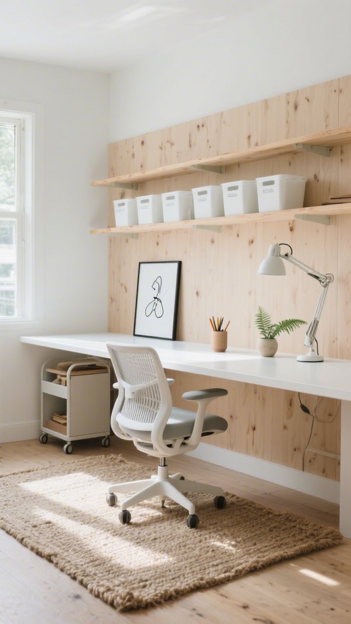 Wide, sunlit Scandinavian craft studio shot: a matte-white wide desk with rounded edges against a pale oak accent wall; slim birch floating shelves above holding uniform white bins with clear labels; a textured jute rug on the floor; a low rolling cart tucked under the desk; ergonomic white mesh task chair with lumbar support; adjustable swing-arm sconce on the wall and a daylight desk lamp on the desktop; minimal decor including a single framed black line drawing, a ceramic pencil cup, and a tiny fern; soft palette of warm woods, cloud-white, and hints of sage; clean lines, airy calm mood; no people, photorealistic, straight-on perspective with bright natural daylight.