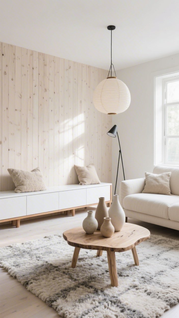 Wide, sunlit Scandinavian living room shot: a bleached oak vertical slat wall running floor-to-ceiling behind a creamy linen sofa, framing a low-profile matte white media console with oak trim; palette of warm whites, pale oak, foggy gray; chunky wool rug under a birch coffee table with rounded corners; cluster of ceramic vases in sand and chalk tones on the table; cone-shaped paper lantern pendant overhead; nubby throw pillows in oatmeal and stone; a slim black metal floor lamp adds subtle contrast; soft natural daylight, calm curated mood, photorealistic, no people.