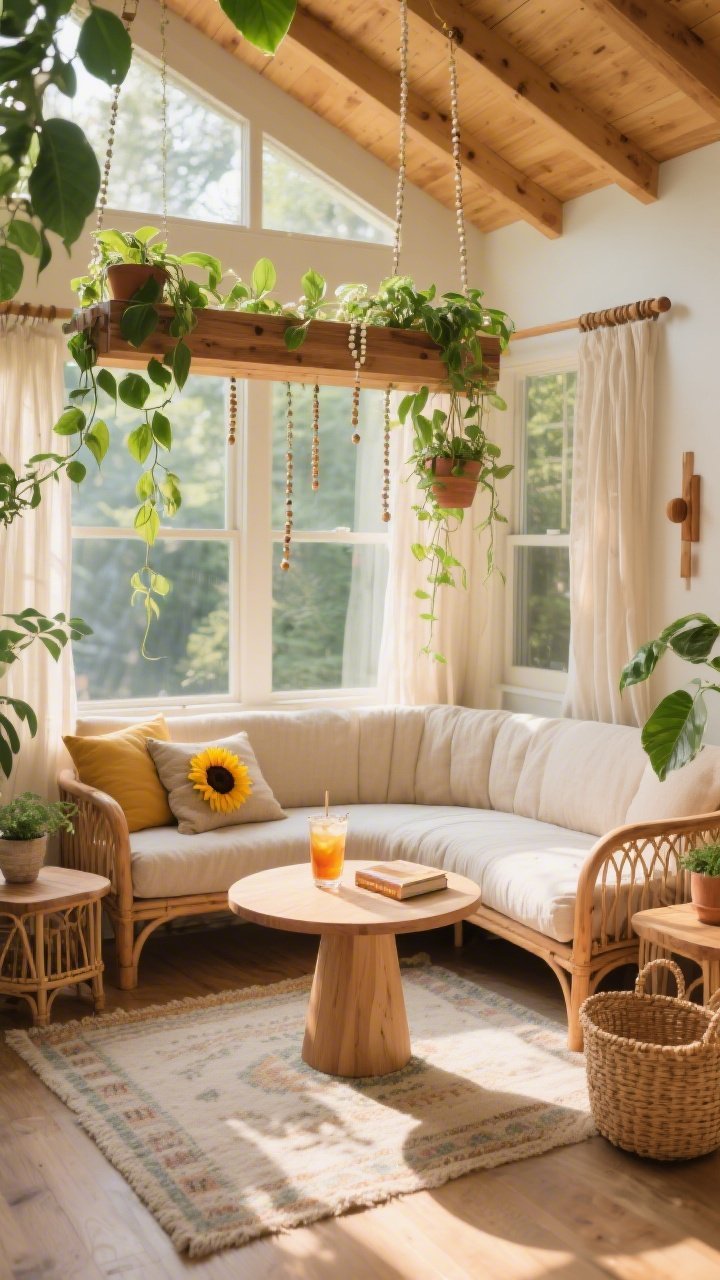 Wide sunroom scene with boho texture: curved wood daybed with slim profile and oatmeal linen cushion, DIY cane-front side tables on either side, wood hanging plant rail suspended from the ceiling with trailing pothos and string-of-pearls, pale kilim rug under a low round plywood pedestal table set with iced tea and a book, rattan baskets, sunflower-hued throw pillows, wood dowel curtain rods with lightweight sheers; sunlit airy atmosphere, honey-toned wood, leafy greens, photorealistic.