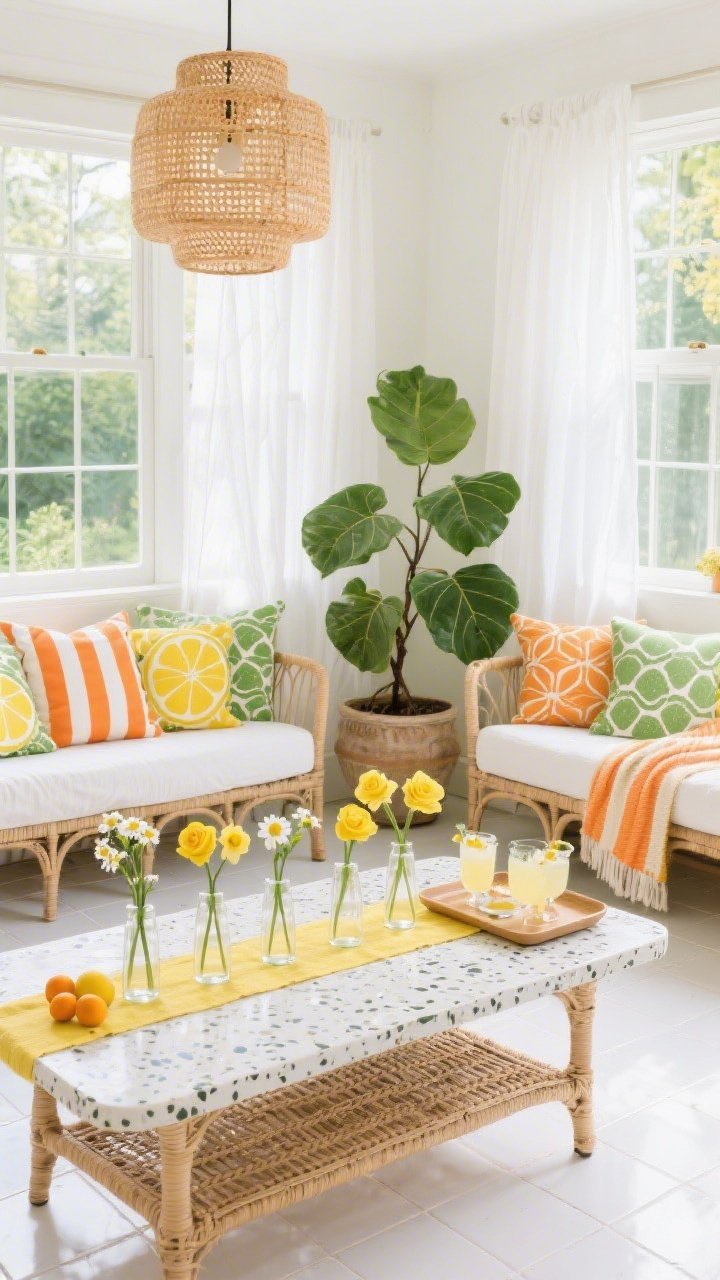 Wide sunroom shot from a corner angle: bright Sunroom Citrus Lounge with a rattan daybed piled with striped and block-printed pillows in lemon, tangerine, and lime; white tile floors bouncing light, cane coffee table centered; sheer white drapes billowing, woven pendant overhead adding warmth; DIY floral runner down the coffee table—clear bud vases in a line holding single stems of daffodils, chamomile, and butter-yellow roses, with real lemons and kumquats tucked between vases; terrazzo planter and a large potted fiddle-leaf fig; striped throw and a tray set for spritzes; color palette of white, sunny yellow, tangerine, leafy green; bright, playful natural daylight, photorealistic.