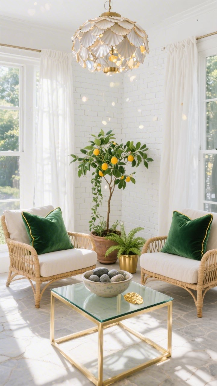Wide sunroom shot, straight-on: white-on-white envelope—painted brick walls, breezy linen drapes, pale stone floor. Rattan lounge chairs layered with emerald cushions, a glass coffee table with a slim gold frame. Overhead, a capiz shell chandelier scattering sunlight like confetti. Botanicals: potted citrus tree, trailing pothos, mini ferns in brass planters. Pillows mix green velvet and linen with gold piping. On the table, a ceramic bowl of smooth river stones with a few touched by gold leaf. Bright, sparkling natural light. Photorealistic.