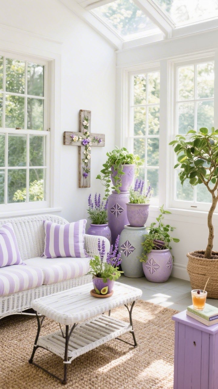 Wide sunroom shot, sun-kissed and airy from a corner angle: white rattan seating with lilac-striped cushions, a slatted coffee table, and an iron plant stand; along the bright window wall, a row of ceramic planters embossed with floral crosses in varied heights, glazed in pale violet and soft gray, filled with cascading pothos, potted lavender, and a fig tree; a sisal rug grounds the space; a small lavender-hued side table holds iced tea and books; between windows, a weathered wood cross with pressed flower inlays; palette of white, soft lilac, sage green, natural fiber; photorealistic, botanical tranquility.