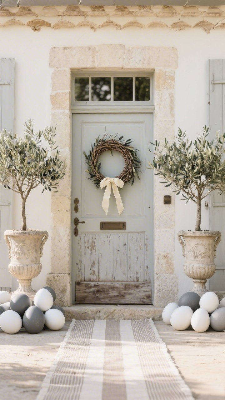 Wide, symmetrical entryway shot in soft morning light: a French country front door flanked by antique-style urns planted with olive trees; at each urn’s base, clusters of oversized matte monochrome eggs in ivory, dove gray, and pale stone; on the door, a twig wreath woven with olive sprigs and a buttercream silk ribbon; a striped outdoor runner in neutral tones leads to the threshold; textures of weathered wood, stone, linen, and matte ceramics; crisp, elegant, no glitter; photorealistic.
