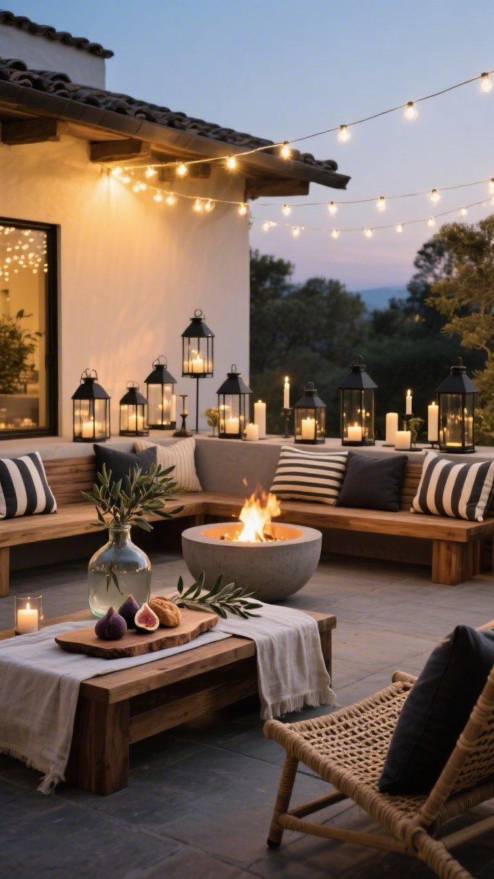 Wide twilight patio scene with warm glow: teak bench and woven lounge chairs arranged around a low cement fire bowl emitting ambient warmth; overhead, warm white string lights; clusters of black metal lanterns with battery candles at varying heights; tabletop styled with an olive-wood board holding figs and bread on a linen runner, and a glass demijohn filled with olive branches; striped pillows in charcoal and cream adding understated pattern; color story of charcoal, teak, olive, and soft gold light; peaceful outdoor vigil mood, photorealistic, no people.