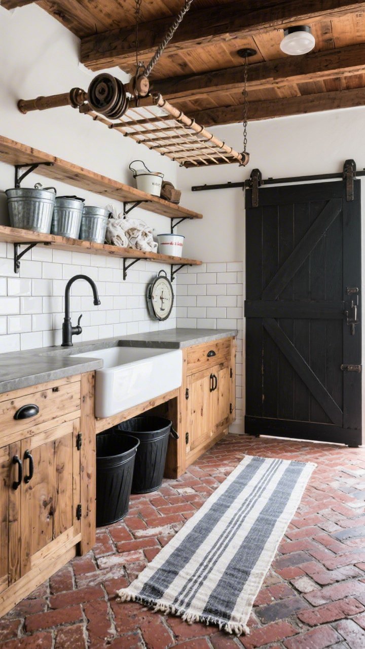 Wide, workshop-style rustic farmhouse laundry: weathered oak cabinets with black iron bin pulls, thick concrete-look countertop, white subway tile backsplash with charcoal grout, and sealed brick herringbone floor. A sliding barn door on black hardware partially open; open pine shelves with iron brackets hold enamelware, galvanized bins for sorting, and a vintage scale. Ceiling-mounted wooden drying rack pulley over a deep utility sink with gooseneck sprayer. Chunky striped cotton runner along the brick floor. Palette: natural oak, black, white, brick red; textures: subway tile, iron, galvanized steel. Functional, rugged, photorealistic.