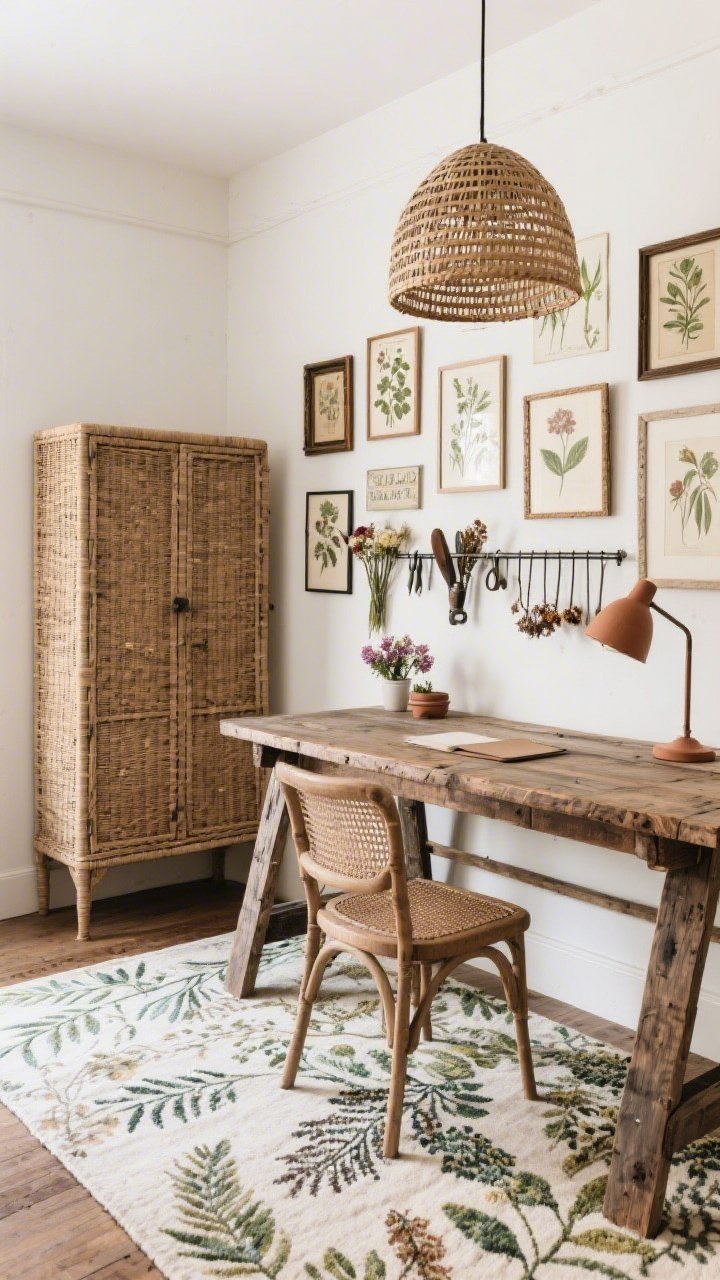 Workspace corner medium shot: Rustic Botanica home office with a reclaimed-wood trestle desk on a botanical-print rug, a caned cabinet for storage behind, a wall lined with vintage botanical prints in mismatched frames and a metal rail holding dried flowers and tools, illuminated by a rattan dome pendant and a clay desk lamp; materials of reclaimed wood, linen, clay, and cane visible.
