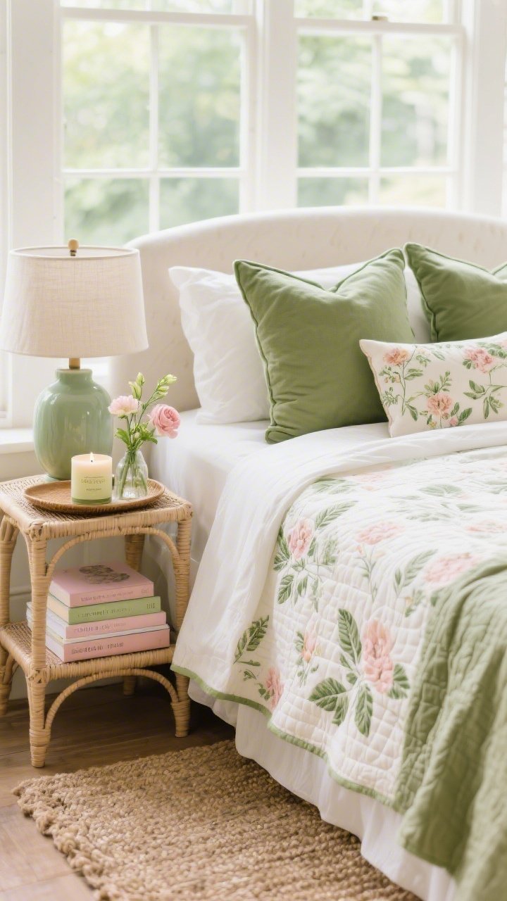 Closeup/detail, botanical bedroom retreat: a lightweight quilt with a subtle leaf/floral pattern layered over crisp white percale sheets; two moss-green pillows and one floral lumbar centered at the headboard; ceramic bedside lamp base in sage with a simple linen shade; rattan tray on the nightstand holding a spring candle (bergamot/neroli), a tiny stack of books with pastel spines, and a small bud vase with ranunculus; natural fiber rug texture visible at the bed’s edge; palette of moss, blush, cream, sage; soft morning light for a restful conservatory feel, photorealistic.