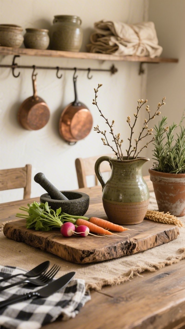 Closeup detail, “Earthy Farmer’s Table Revival” textures: rough-hewn cutting boards and a chunky wood board centered with spring radishes and carrots with leafy tops; beside them a ceramic water pitcher filled with budding branches; grain-sack runner beneath; iron hooks in the background holding copper pans; open shelving with stoneware crocks, a mortar and pestle, and bundles of natural linen; potted rosemary and thyme in clay pots with patina; matte black flatware and checkered napkins partially in frame; warm, grounded lighting emphasizing raw wood, stoneware, and clay in olive, wheat, and mushroom tones.