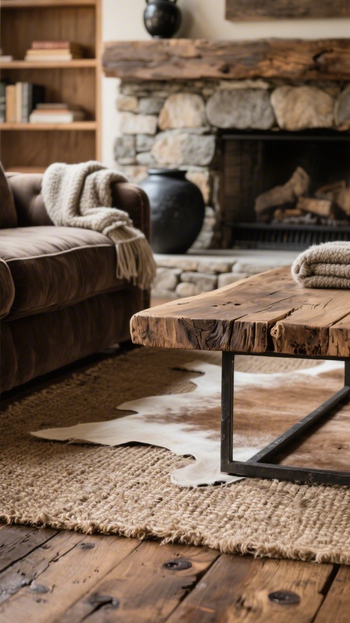 Closeup/detail shot emphasizing texture: reclaimed barnwood flooring with visible saw marks, knots, and subtle color shifts sealed matte; edge of a deep mushroom mohair sofa; layered hide rug over a jute base showing tactile contrast; corner of a live-edge coffee table; iron-framed bookshelf blurred in background; oversized black pottery and folded wool throws; warm, cozy light from a nearby stacked stone fireplace with chunky beam mantel just out of frame; palette of mushroom, tobacco, iron, weathered oak; no people.