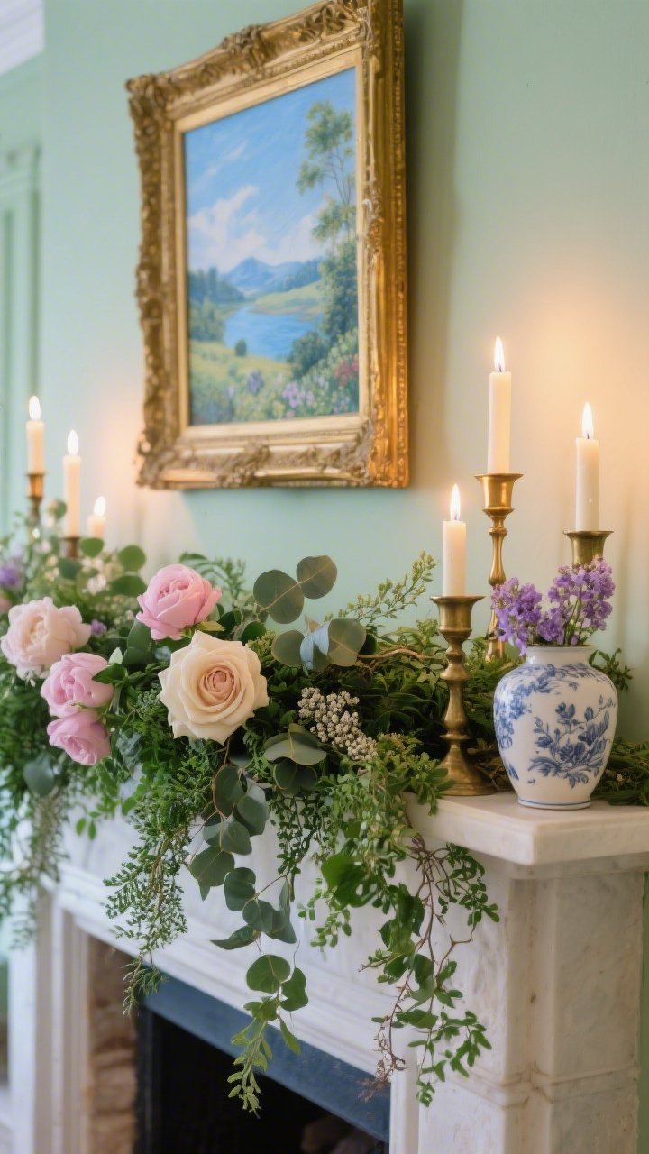 Closeup detail shot of English garden charm on a mantel corner: gold gilt frame leaning with a soft green-and-sky-blue landscape print in the background; lush mixed-greenery garland (ruskus, ivy, seeded eucalyptus) woven with pale pink peonies and buttercream roses, a few tendrils trailing over the edge; cluster of taper candles in antique brass holders at varying heights so the warm candlelight flickers off the gold frame; petite transferware vase with lilac sprigs adding texture and scent; romantic, refined mood with gentle evening glow.